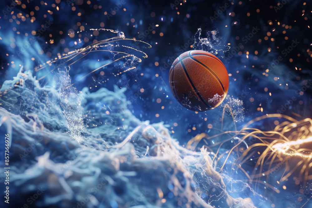 3d rendering illustration of a basketball, surrounded by abstract water and energy effects, floats in mid-air. The vibrant blue and white colors create a dynamic and mystical atmosphere 3d rendering illustration of a basketball, surrounded by abstract water and energy effects, floats in mid-air. The vibrant blue and white colors create a dynamic and mystical atmosphere