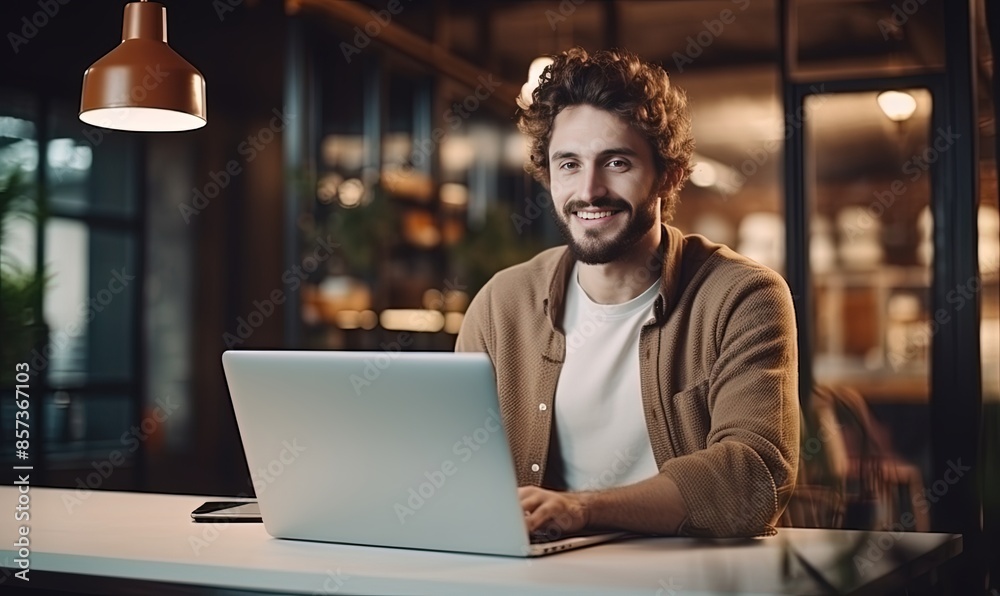 A smiling man sits at his laptop in the office A smiling man sits at his laptop in the office