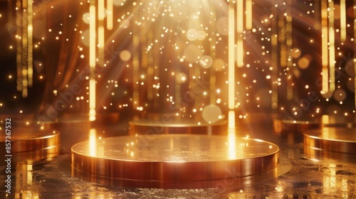 A golden podium illuminated by sparkling lights, creating a festive and luxurious atmosphere.