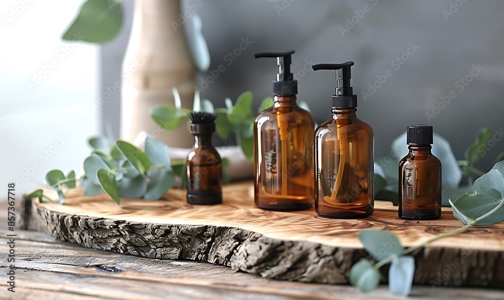 A serene composition of amber glass cosmetic bottles, spa essentials, and eucalyptus leaves on a rustic wooden board, evoking tranquility A serene composition of amber glass cosmetic bottles, spa essentials, and eucalyptus leaves on a rustic wooden board, evoking tranquility