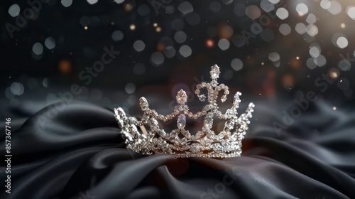 Diamond Silver Crown for Miss Pageant Beauty queen Contest, Crystal Tiara jewelry decorated gems stone and abstract dark background on black velvet fabric cloth, Macro photography copy space photo