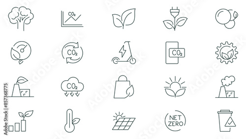 Net zero line icon set. Eco, carbon footprint, CO2 neutral, solar energy, wind power, renewable energy outline icon collection. UI thin outline icons pack.