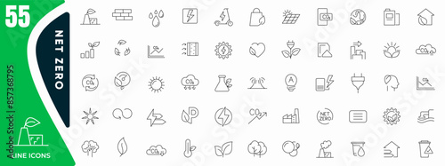 Net zero line icon set. Eco, carbon footprint, CO2 neutral, solar energy, wind power, renewable energy outline icon collection. UI thin outline icons pack.