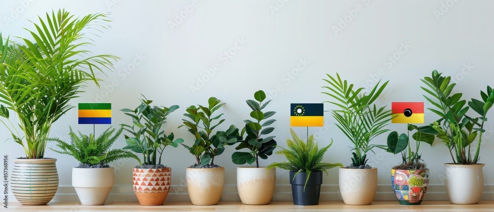Fototapeta premium Selection of potted plants with flags from all countries, , clear white backdrop, space for copy