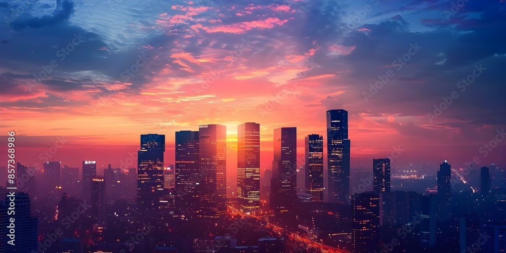 Fototapeta premium Silhouetted modern city skyscrapers against vibrant sunset sky with city lights. Concept Cityscape Photography, Sunset Silhouettes, Urban Skylines, Dusk in the City