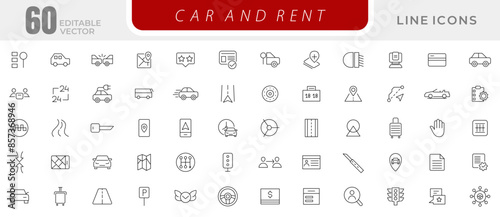 Car and rent linear icon set. Automobile business, car rent, repair, transport, travel, car sharing and transport outline icon collection. UI thin outline icons pack.