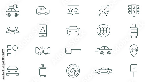 Car and rent linear icon set. Automobile business, car rent, repair, transport, travel, car sharing and transport outline icon collection. UI thin outline icons pack.