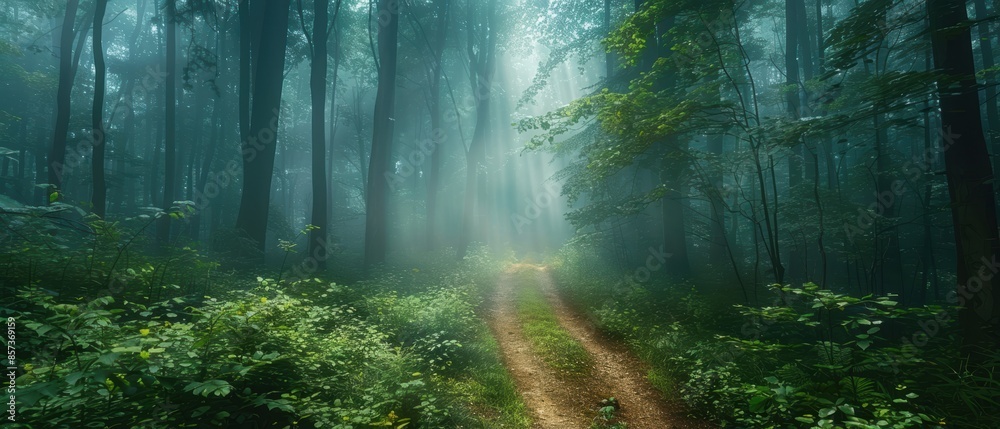 Obraz premium Serene image of a foggy forest path, with mystical atmosphere and soft light, perfect for fantasy and nature themes