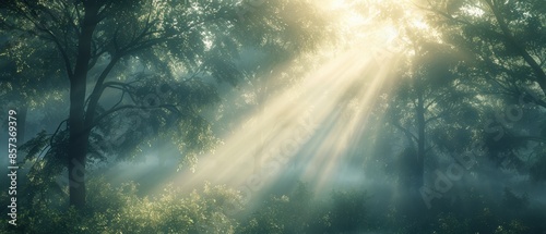 Serene 8K UHD image of a misty forest in the morning, with sunlight filtering through the trees, perfect for nature and calm themes