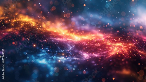 Abstract cosmic background with vibrant red, orange, and blue colors, depicting a nebula with glowing particles. photo