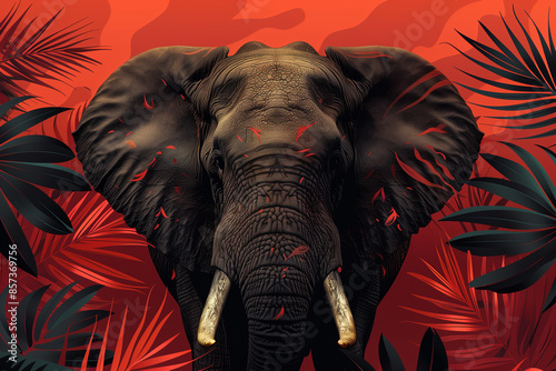Illustration of an elephant with large tusks against a vibrant red background, surrounded by lush tropical leaves, creating a dramatic and striking visual effect
