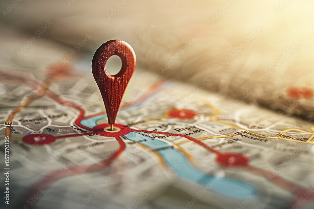 Location pin on a paper map highlighting destination