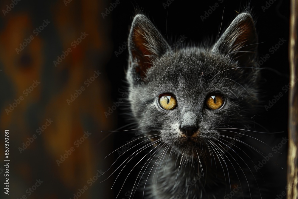 A curious gray kitten peeks out from the shadows, highlighting its bright eyes and whiskers A curious gray kitten peeks out from the shadows, highlighting its bright eyes and whiskers