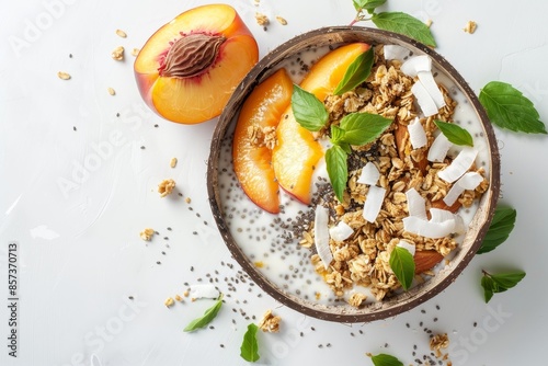 Vegan smoothie bowl with chia pudding peach coconut and granola in a coconut bowl on white background Top view Clean eating breakfast