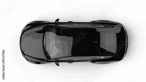 A black sedan is photographed from a directly overhead perspective, showcasing its sleek design against a white background.