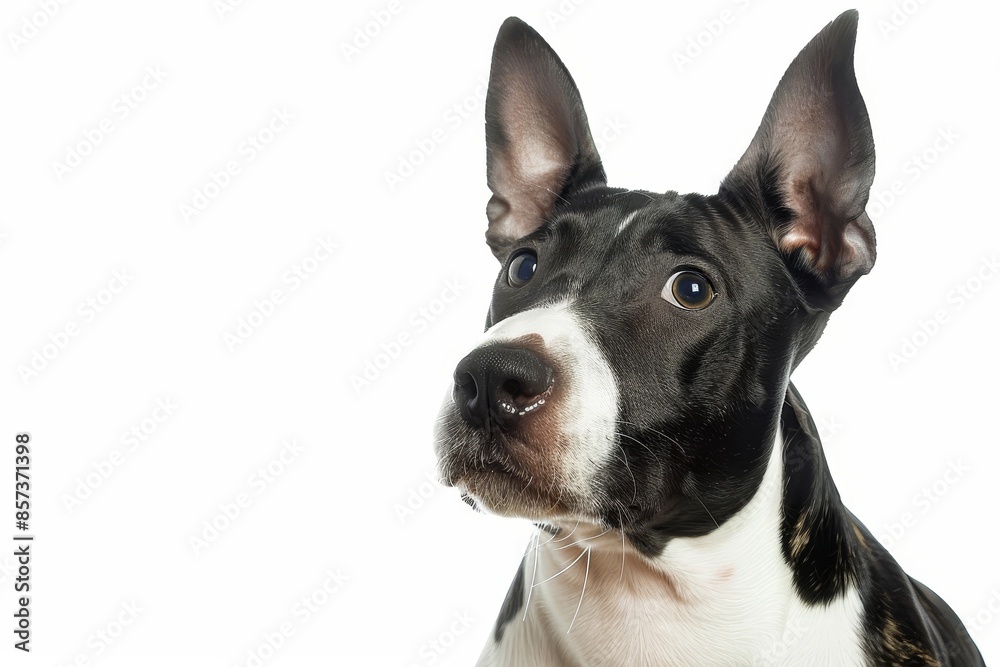White background with bull terrier wearing a muzzle White background with bull terrier wearing a muzzle