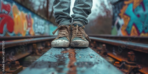 Wallpaper Mural Person standing on a railway track in worn-out sneakers amidst graffiti-covered walls, depicting urban adventure and nostalgia. Torontodigital.ca