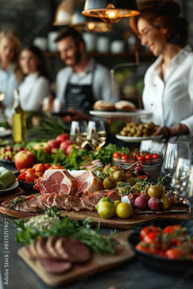 Indoor catering event with a group of people serving themselves from a buffet, featuring meat, colorful fruits, and vegetables Warm, inviting restaurant Indoor catering event with a group of people serving themselves from a buffet, featuring meat, colorful fruits, and vegetables Warm, inviting restaurant
