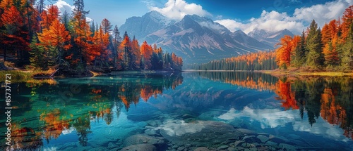 Serene lakeside view with crystal clear water, surrounded by dense forest and distant mountains, reflecting the vibrant colors of autumn foliage