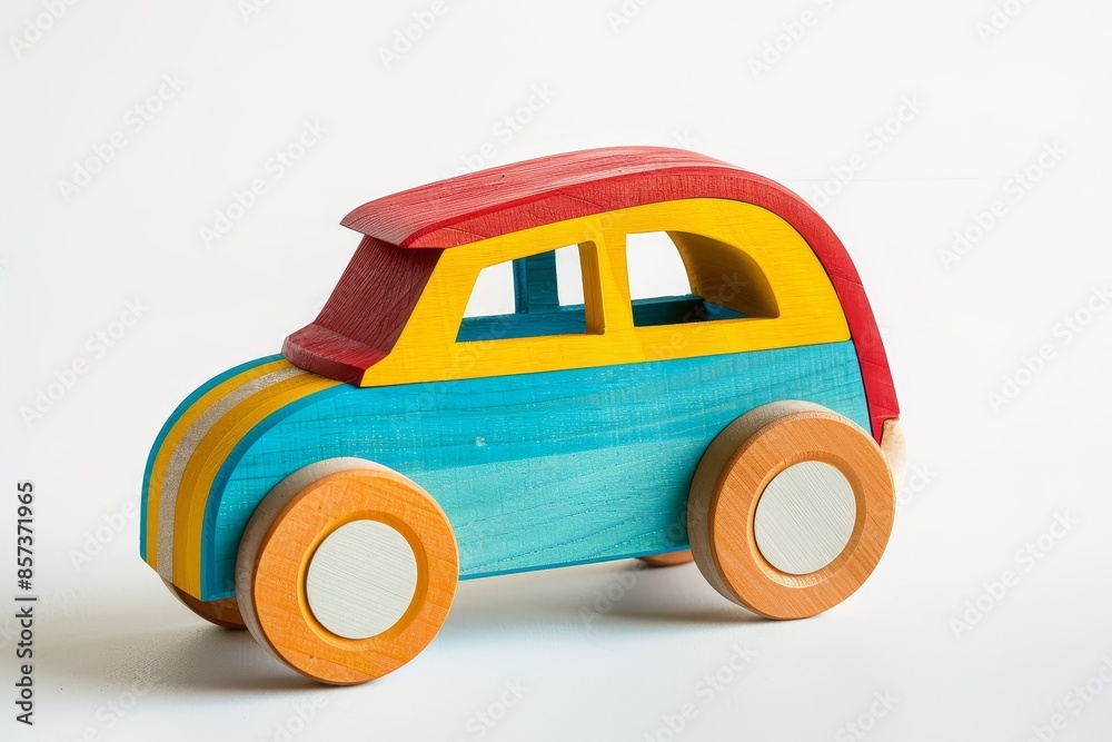 Wooden toy car in cartoon style on white background Colorful eco friendly Montessori toy Wooden toy car in cartoon style on white background Colorful eco friendly Montessori toy