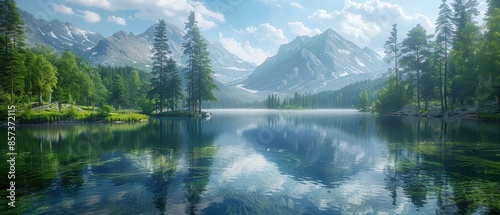 Serene mountain lake with crystal clear water, surrounded by dense forest and towering peaks, reflecting the pristine beauty of nature photo