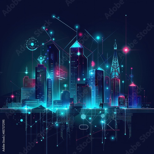 Business illustration: smart city and network connection concept with futuristic technology and urban infrastructure integration Job ID: ef75df9d-3ab0-41d5-9b7d-ae7aae77c241