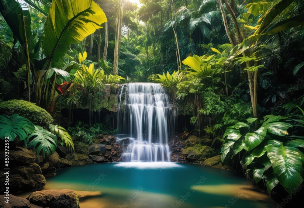lush tropical waterfall flowing into secluded pond exotic flora fauna, cascading, hidden, pool, vibrant, colorful, serene, tranquil, natural, beauty, paradise,