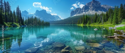 Serene mountain lake with crystal clear water, surrounded by dense forest and towering peaks, reflecting the pristine beauty of nature photo