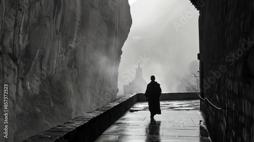 A lone monk walks through a narrow passageway. The walls are made of rough-hewn stone, and the floor is covered in flagstones.