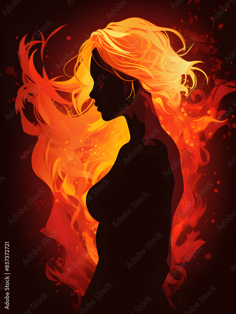 Abstract illustration of a female silhouette with long blonde hair and fire flames around 