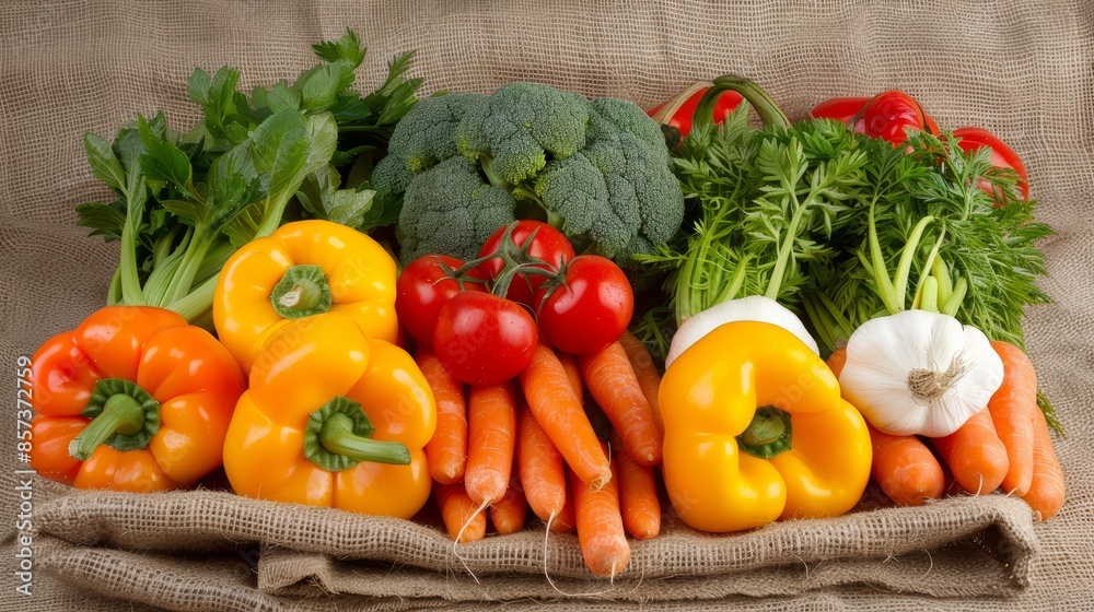 Freshly harvested organic vegetables arranged on a burlap sack, showcasing vibrant colors and textures, highlighting healthy vegetarian lifestyle with tomatoes, carrots, peppers, and leafy greens Freshly harvested organic vegetables arranged on a burlap sack, showcasing vibrant colors and textures, highlighting healthy vegetarian lifestyle with tomatoes, carrots, peppers, and leafy greens