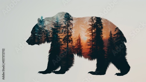 Forest silhouette in the shape of a bear, close up, focus on, vibrant colors, Double exposure silhouette with dense forest photo