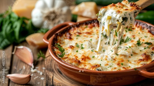 Freshly baked artichoke spinach dip in a rustic ceramic dish, topped with golden melted cheese, being served with a cheese pull, on a wooden table with natural lighting