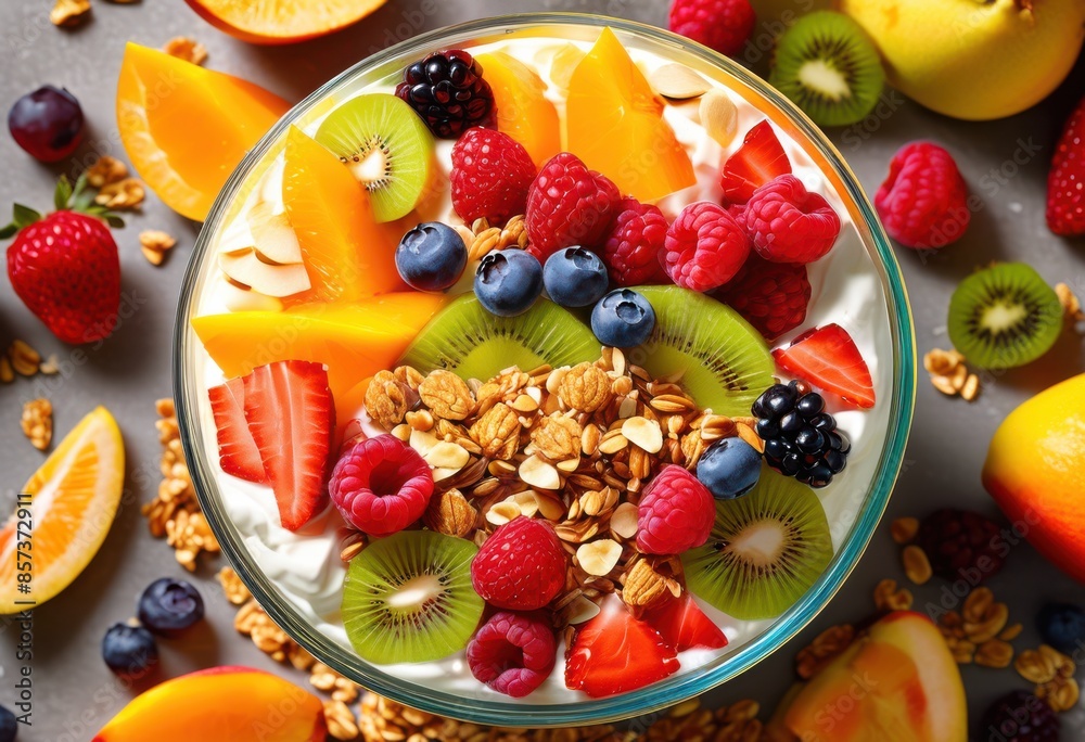 colorful layered parfait visible yogurt ingredients, fruits, granola, vibrant, multilayered, sundae, berries, nuts, creamy, recipe, breakfast, tasty, delicious colorful layered parfait visible yogurt ingredients, fruits, granola, vibrant, multilayered, sundae, berries, nuts, creamy, recipe, breakfast, tasty, delicious
