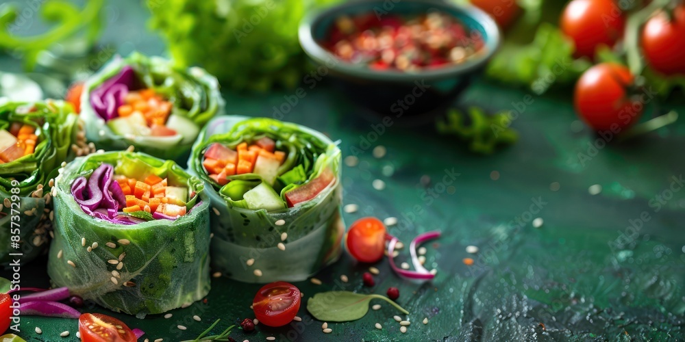 Healthy fresh vegetable spring rolls with dipping sauce on a green background, garnished with cherry tomatoes and sesame seeds. Healthy fresh vegetable spring rolls with dipping sauce on a green background, garnished with cherry tomatoes and sesame seeds.