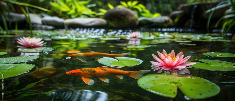 Serene pond with lily pads and colorful fish Serene pond with lily pads and colorful fish