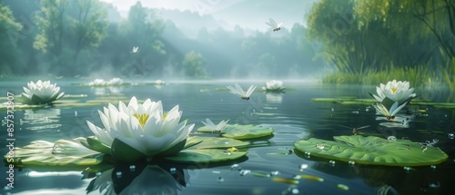 Serene pond with blooming water lilies and dragonflies