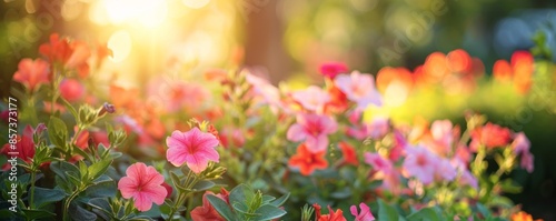 Sunlit garden with blooming petunias © Ivan