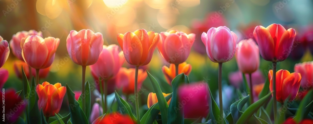 Garden with vibrant blooming tulips