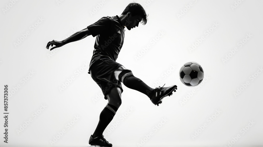 Black and white silhouette of a football player kicking the ball on a white background. Soccer player kicking ball, abstract isolated vector silhouette, footballer logo, ink drawing, rear view. Black and white silhouette of a football player kicking the ball on a white background. Soccer player kicking ball, abstract isolated vector silhouette, footballer logo, ink drawing, rear view.
