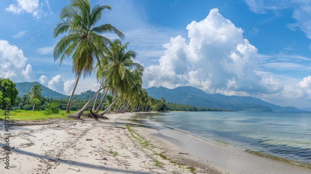 Obraz premium A panoramic view of a pristine tropical beach, featuring palm trees, white sand, and crystal-clear turquoise waters under a bright blue sky with puffy white clouds.
