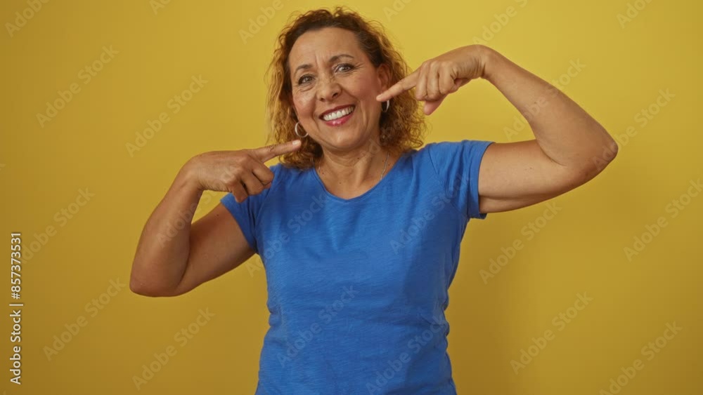 Woman middle age hispanic cheerful pointing to her teeth wearing blue t-shirt standing over yellow isolated background showing dental mouth health with finger Woman middle age hispanic cheerful pointing to her teeth wearing blue t-shirt standing over yellow isolated background showing dental mouth health with finger