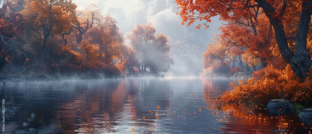 Serene river with autumn leaves and a misty morning Serene river with autumn leaves and a misty morning