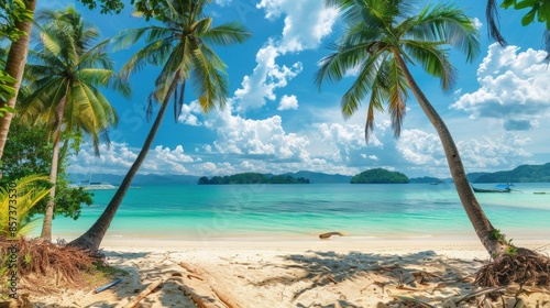 Two majestic palm trees stand tall on a white sandy beach, framing a view of turquoise waters and a distant island chain under a bright, blue sky.