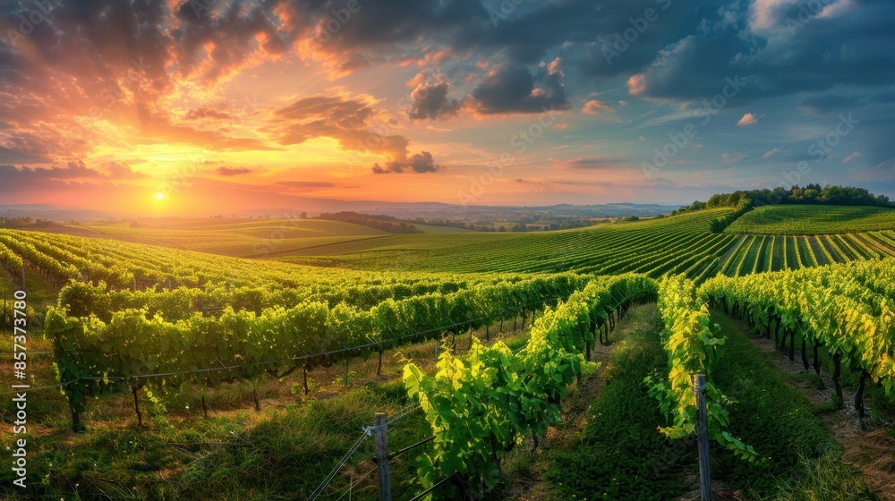A breathtaking view of a vineyard bathed in the golden light of a sunset with rolling hills and a dramatic sky. A breathtaking view of a vineyard bathed in the golden light of a sunset with rolling hills and a dramatic sky.