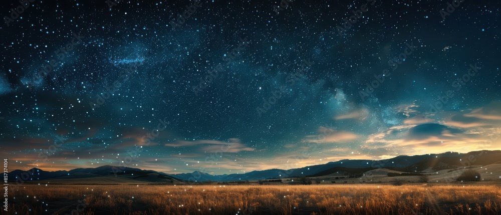 Sky filled with stars and a few scattered clouds over a desert landscape, creating a mystical and serene nighttime scene, Astrophotography, long exposure, Sky filled with stars and a few scattered clouds over a desert landscape, creating a mystical and serene nighttime scene, Astrophotography, long exposure,