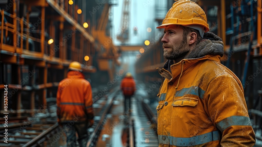 At construction site, reflecting the work activity, machinery, and characteristic elements of the environment, such as cranes, scaffolding, workers with hard hats and vests. Generative AI. At construction site, reflecting the work activity, machinery, and characteristic elements of the environment, such as cranes, scaffolding, workers with hard hats and vests. Generative AI.