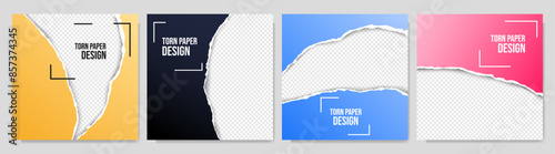 Vector illustration. Torn paper effect. Color banner collection. Design element for social media, web template, blog post. Decorative art. Square size overlay with 3d shadow effect and geometric frame