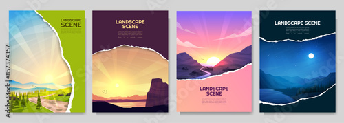 Vector brochure cards set of landscape. Nature scene of footpath in meadow, serene sunset, night. Ripped paper effect. Flat design template of flyer, magazine, book cover, banner, invitation, poster.