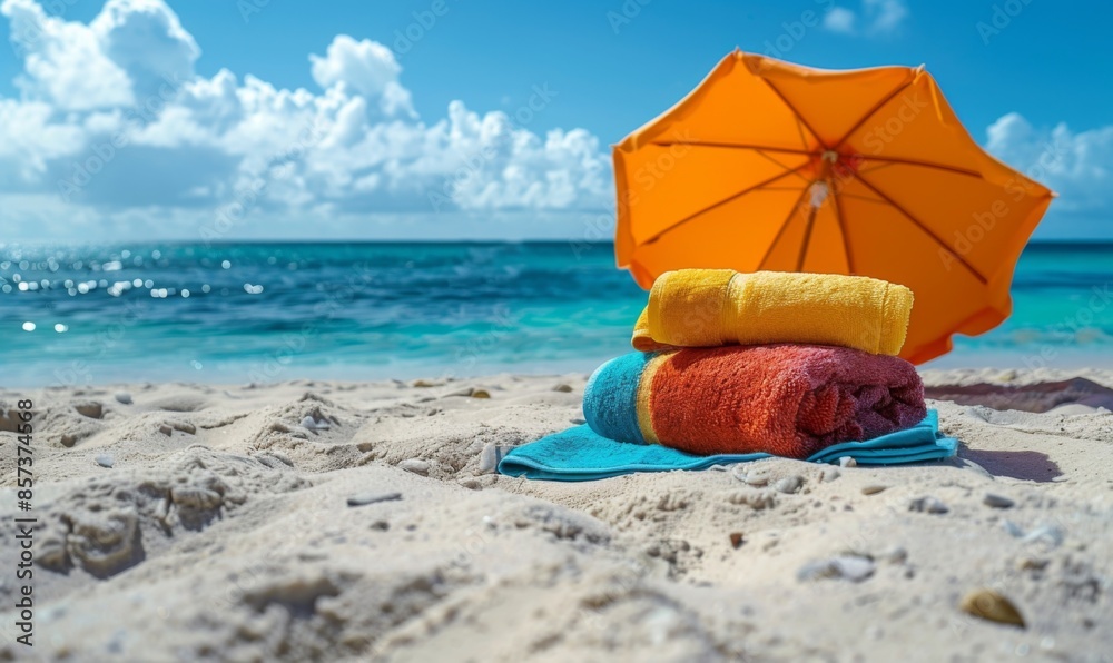 Naklejka premium Beach towels and a sun umbrella on sand